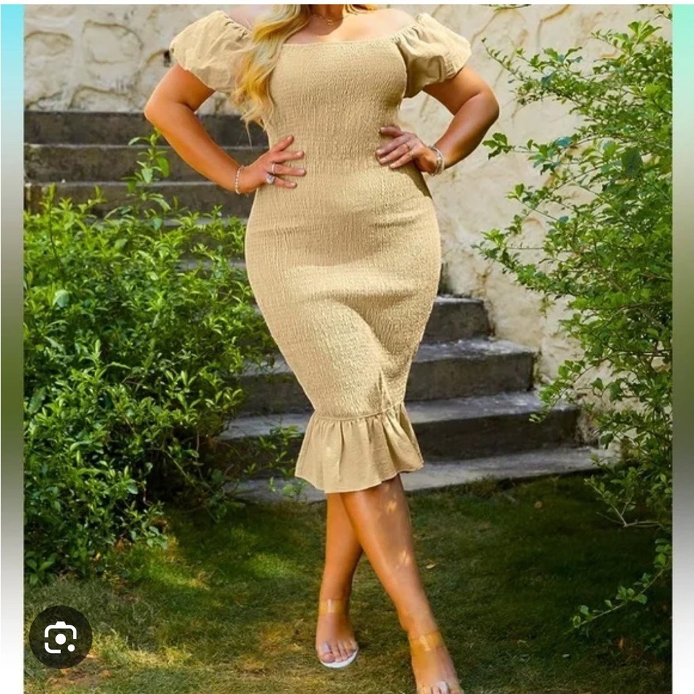 Simplee Smocked Dress Size Medium NWT Tan Boho Midi Ruffle Sleeve Summer Cotton